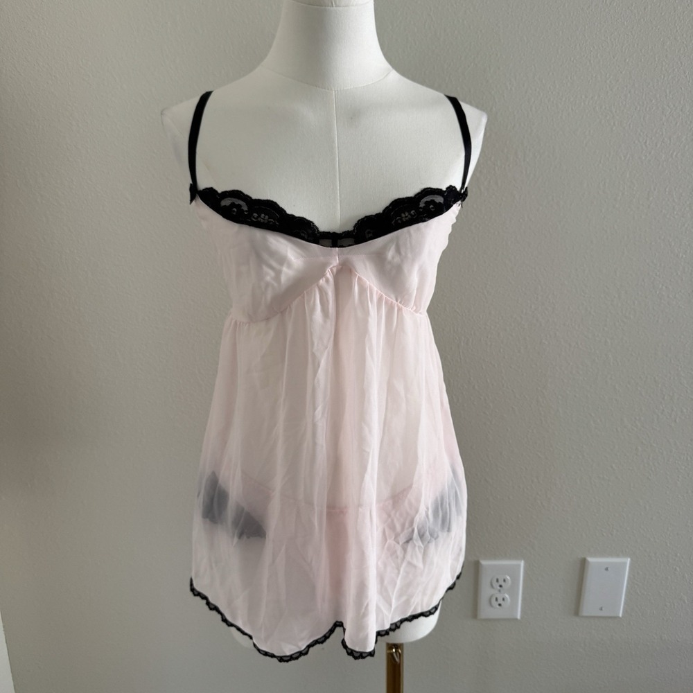 Victoria's Secret Babydoll Lingerie Nightie Set Sz L Sheer Blush Pink Black Lace